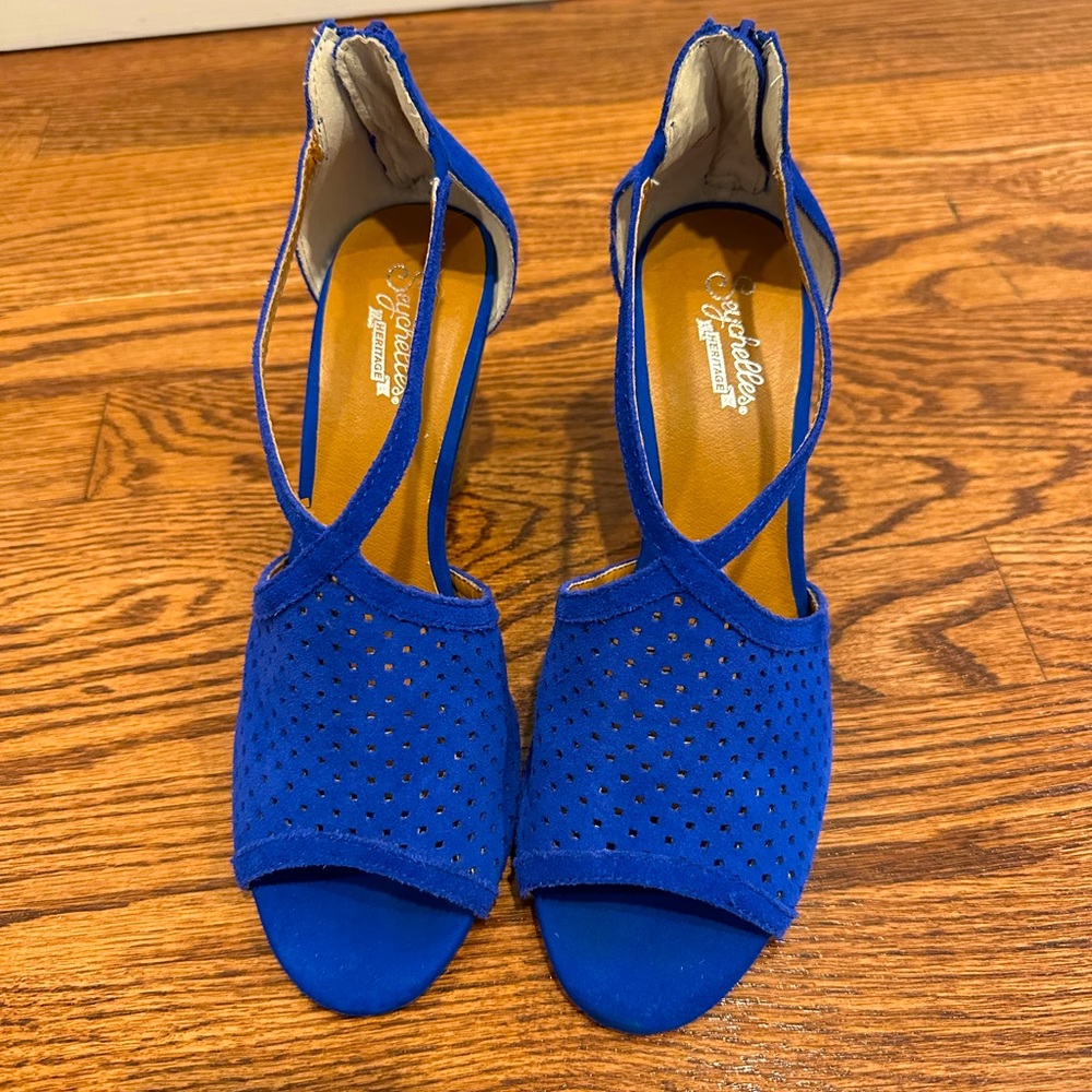 Seychelles Heritage Gamble Suede Cone Heeled Sandal in Blue Women's sz 7.5